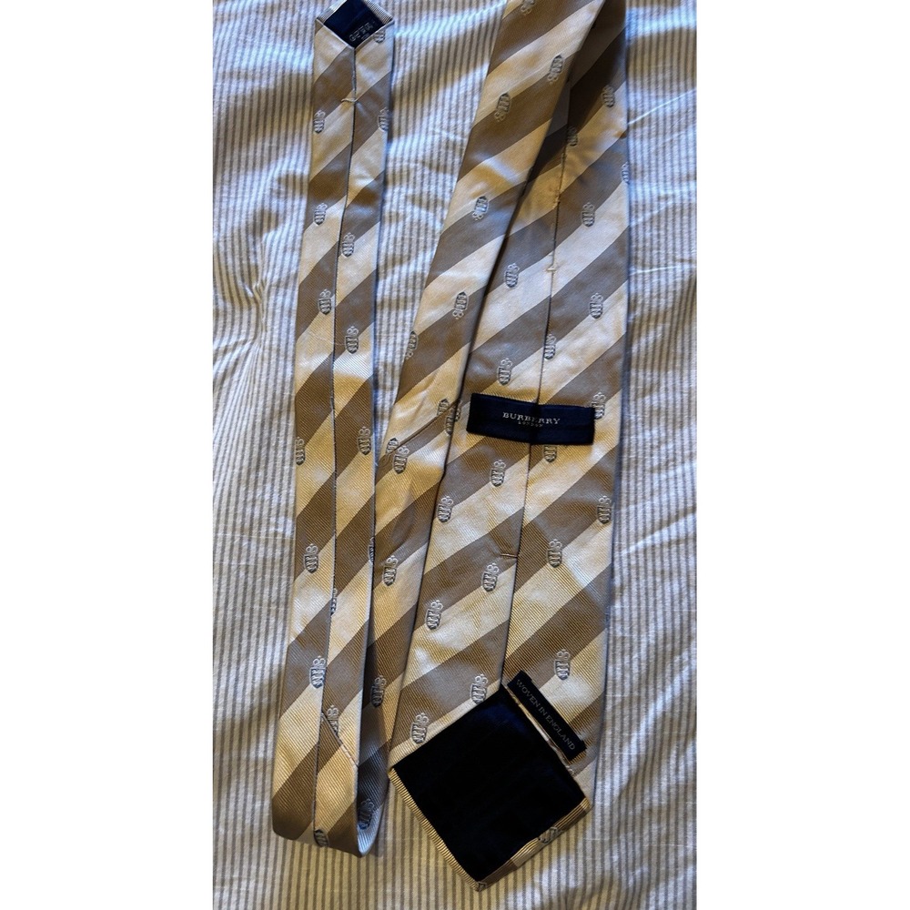 Burberry London Silk Tie Woven In England Striped‎ Crest Beige Work Dress - Picture 4 of 9